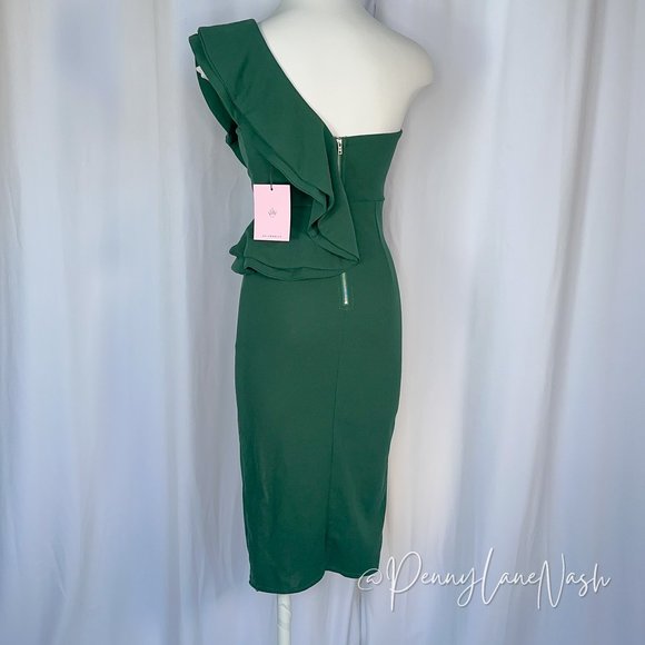 Hello Molly Caruso Ruffle One Shoulder Bodycon Dress Green - Picture 7 of 13